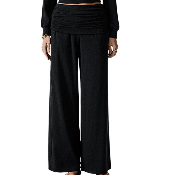 OGL Pants - OGL Black Soft Stretchy Wool Blend Shirred Fold Over Waist Wide Leg Pants SMALL